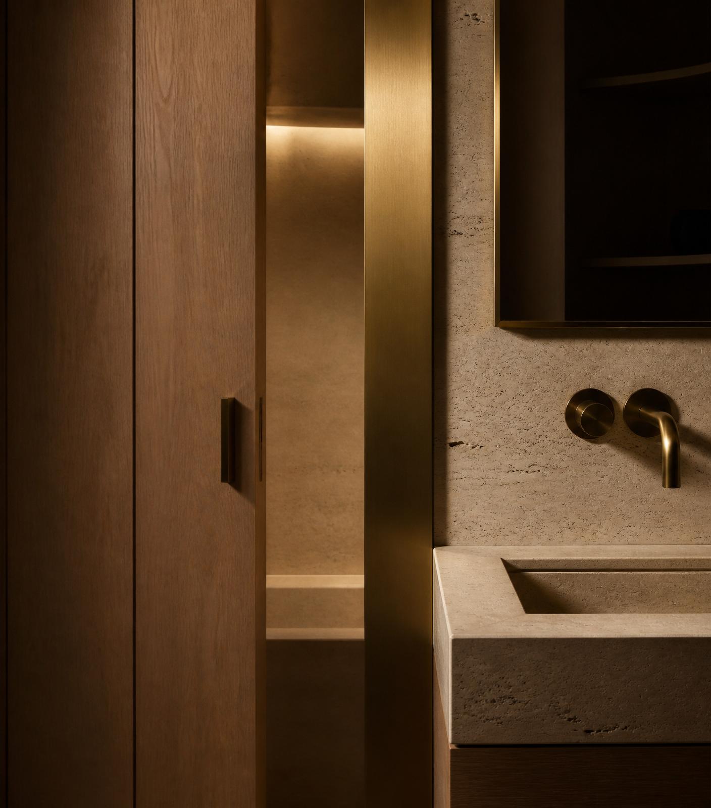 Brushed brass, warm oak, and travertine detail